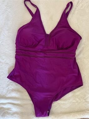 Girls Purple One-Piece Swimsuit with Decorative Trim